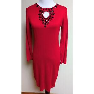Melrose Chic NY Size M Red Knit Sheath Dress Beaded Keyhole Neck Long Sleeve Mid